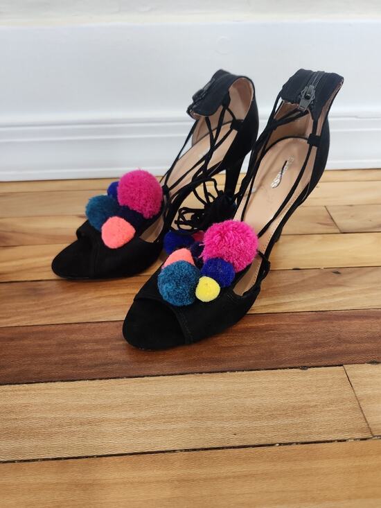 Express Shoes - Express Stiletto Heel Strappy Peep Toe Black Colorful Pom Poms Sexy Sandals 10